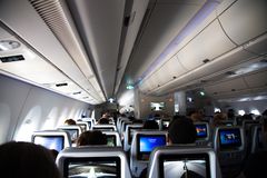 Inside of a long distance airplane