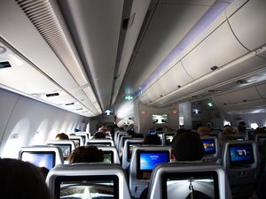 Inside of a long distance airplane