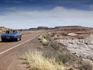 1967 Chevrolet Corvette driving in the Petrified Forest