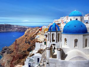 Elevated view of the village of Oia in Santorini, Greece