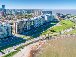 Aerial view, high angle view of Montevideo's coastline, Pocitos and Kibon neighbourhood