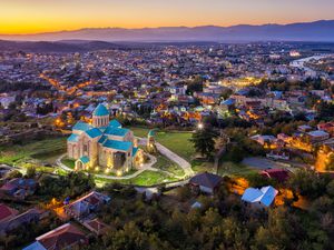 Beautiful Aerial view of Bagrati Cathedral in Kutaisi city in Georgia.