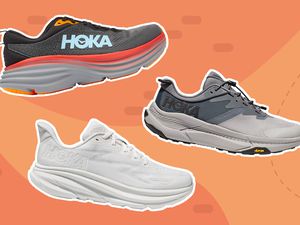 Best Hoka shoes collaged against orange patterned background