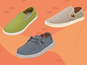 Collage of slip on sneakers we recommend on a colorful background