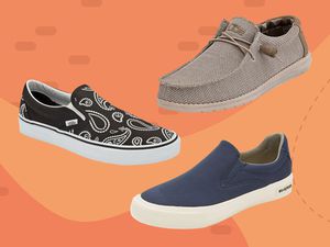 Collage of three of the Best Slip-On Sneakers for Men on a patterned orange background 