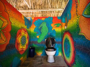 colorful hostel bathroom
