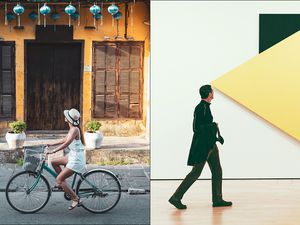 Split screen image of a woman biking one way and a man in a museum walking the other direction