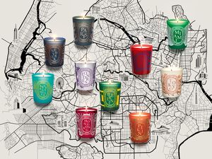 10 colorful candles with a black and white map of various city streets as a background