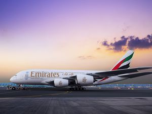 An Emirates Airbus A380 at dawn