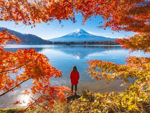 Woman framed by red maple leaves admiring Mount Fuji and Lake Kawaguchi in autumn, Japan.