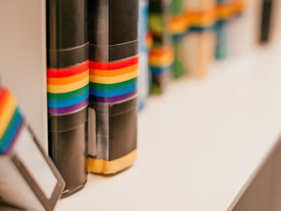 Books with a rainbow sticker on the spine
