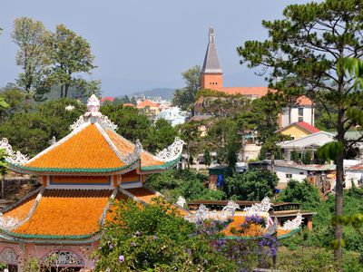 Pagoda and church in Da Lat in the southern mountains, Vietnam