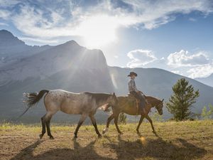 Cowboy leading a horse around mountains