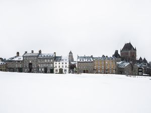 View of snow covered park and old town, Quebec City, Quebec, Canada