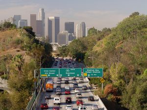 Aerial view of traffic driving to downtown Los Angeles, California, United States