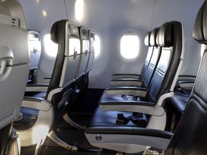 Black leather airplane seats in row