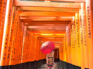 Buddhist temple. Fushimi Inari-taisha, Geisha walking through mini tori gates pathway.