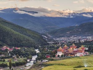 View overlooking the town of Thimphu, Bhutan and the Tashichho Dzong