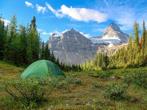 a tent on a field in the Rocky Mountains