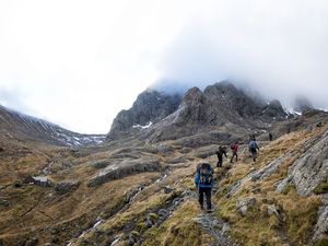 Hikers on the route up Ben Nevis, Scotland