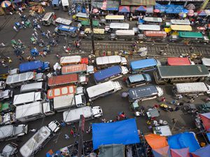 Overhead of jeepneys clogging main road of Divisoria Market, Manila, National Capital Region, Philippines, South-East Asia