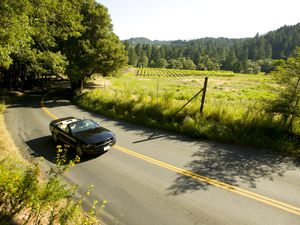 Couple driving convertible, Napa Valley, California