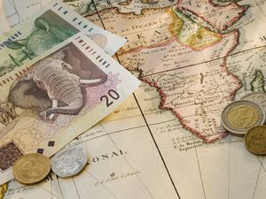 South African Currency on a map of Africa