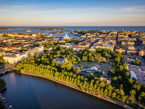 Aerial view to Kaisaniemi district and downtown Helsinki by sunset in summer