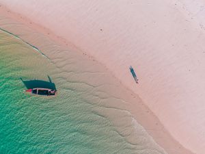 Aerial photo of a traditional dhow on the beach on Mafia Island, Tanzania