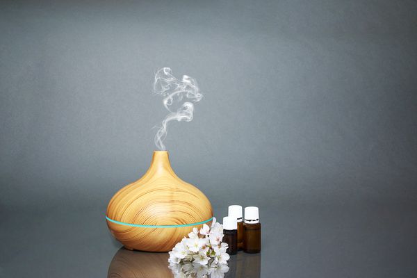 Electric Essential oils Aroma diffuser, oil bottles and flowers on gray surface with reflection.