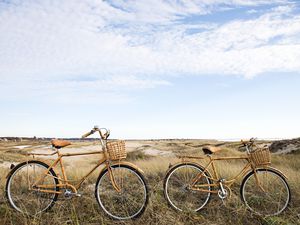 Two vintage bikes on a sand dunes in Cape Cod