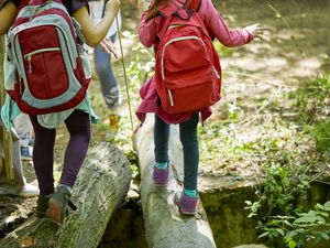back view of two children wearing backpacks walking across logs in the forest