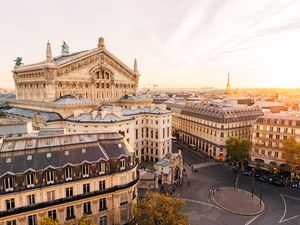 High angle view of Paris skyline at sunset