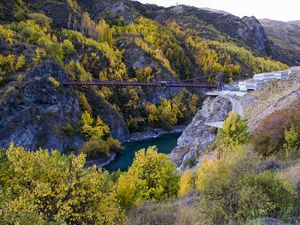 Kawarau bridge in Queenstown, New Zealand with yellow and green trees in the distance
