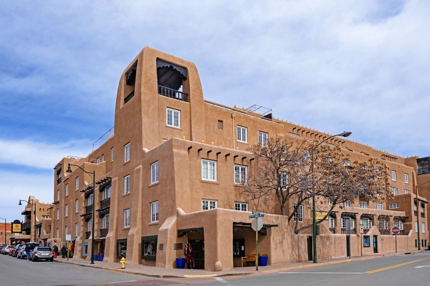 La Fonda on the Plaza, luxurious hotel in adobe Pueblo Revival style in downtown Santa Fe, capital city of New Mexico, United States.