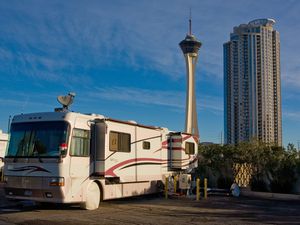 RV parked in front of The Stratosphere Hotel Tower in Las Vegas