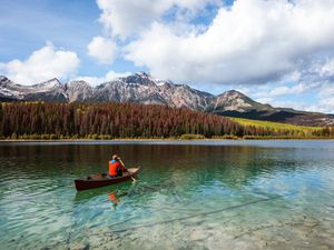 Man canoeing on lake, Jasper National Park, Canada