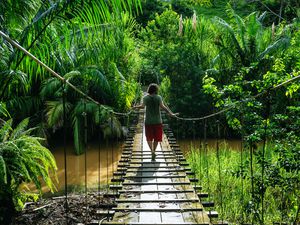 Man crossing a suspension bridge in Costa Rica seen from behind