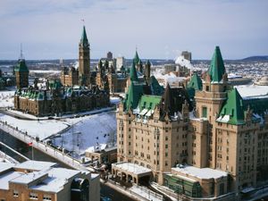 Ottawa's Chateau Laurier Hotel and Parliament Buildings in Winter