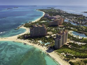 View of pink buildings, apart of the Atlantis Resort Paradise Island Nassau Bahamas