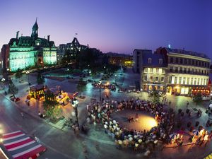People at Place Jacques-Cartier and City Hall at Twilight, Montreal, Quebec