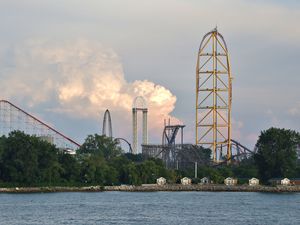 Roller coasters rising in the sky, Cedar Point Amusement Park, Sandusky, Ohio