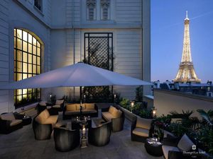 The deck at the Shangri-La Hotel, Paris, with the Eiffel Tower in the background