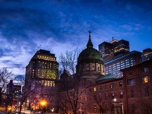 Skyline of downtown Montreal in early spring at dusk, Canada.