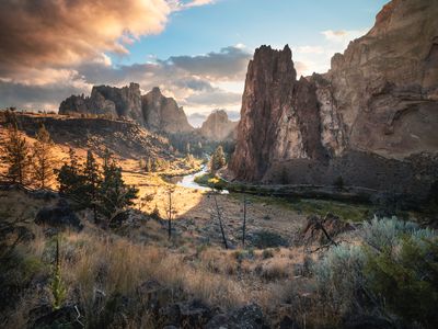 Scenic view of landscape against sky during sunset,Smith Rock State Park,U.S.