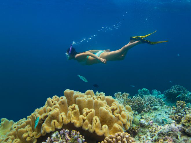 woman snorkeling in the Maldives