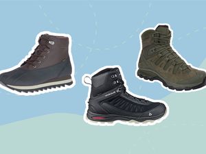 Collage of boots we recommend for snowshoeing on a colorful background