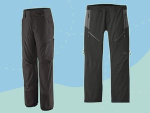 Collage of men's ski pants we recommend on a colorful background