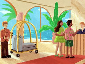 Illustration of guests checking into a hotel with a bellhop behind them