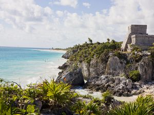 El Castillo (The Castle) over Caribbean Sea, Maya ruins at Tulum, Yucatan Peninsula